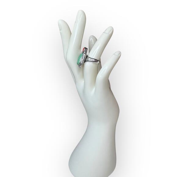 Vintage Navajo Style Sterling Silver Ring Turquoise & Coral Stones Size 7 - Picture 4 of 8